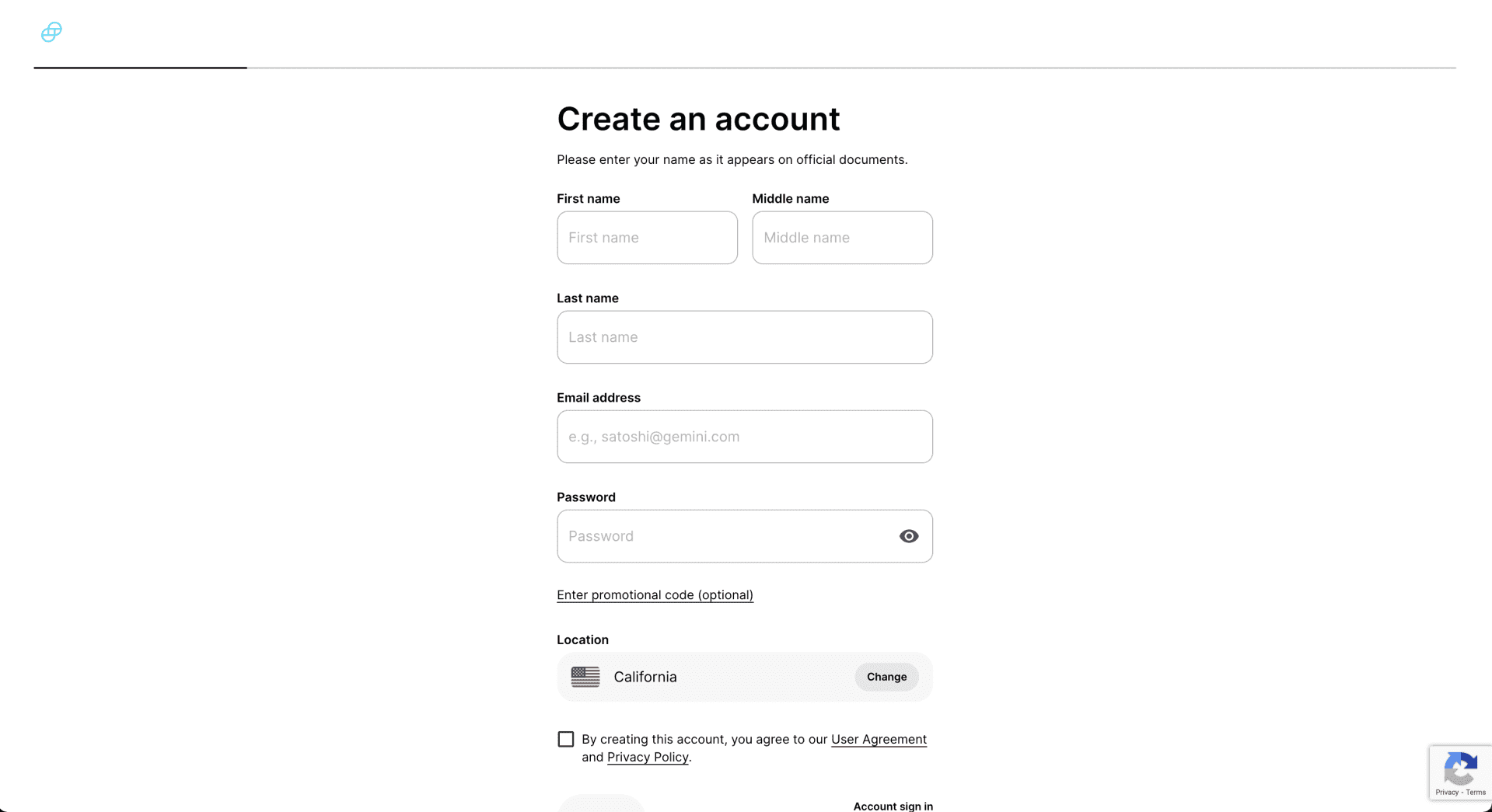 Gemini Create Account Page